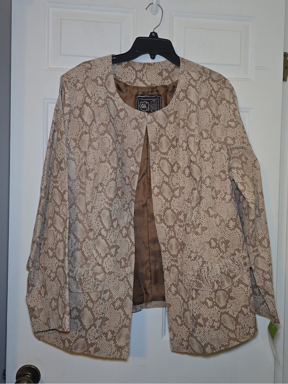 Chi By Falchi Brown Beige Snakeskin Leather Jacket 2X Plus Ruffle Pocket NWT